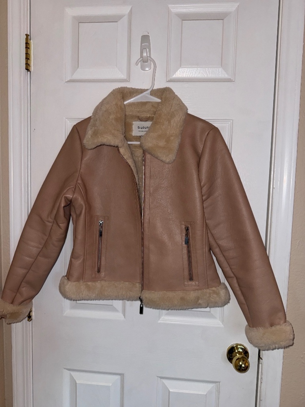 B Young tan & pink faux leather & fur jacket in a US 8